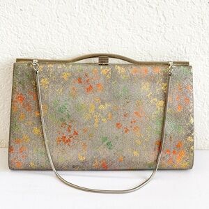 Vintage Metallic Silver Clutch Purse W/ Gold, Green, Orange Leopard Spots, 9”